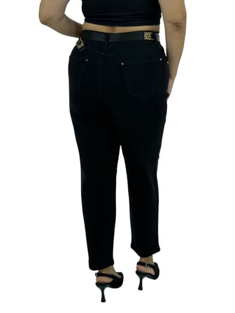 Büyük Beden Denim Mom Kemerli Yüksek Bel Taş Detaylı Kadın Pantolon