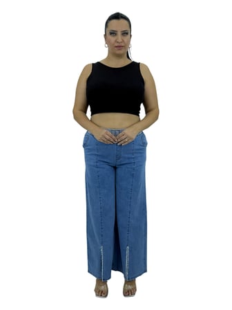 Büyük Beden Denim Taşlı Bol Paça Detaylı Kadın Pantolon