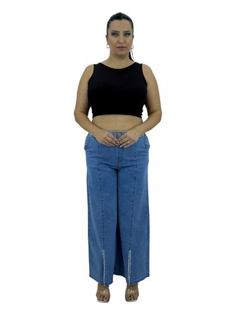 Büyük Beden Denim Taşlı Bol Paça Detaylı Kadın Pantolon
