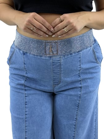 Büyük Beden Denim Taşlı Bol Paça Detaylı Kadın Pantolon