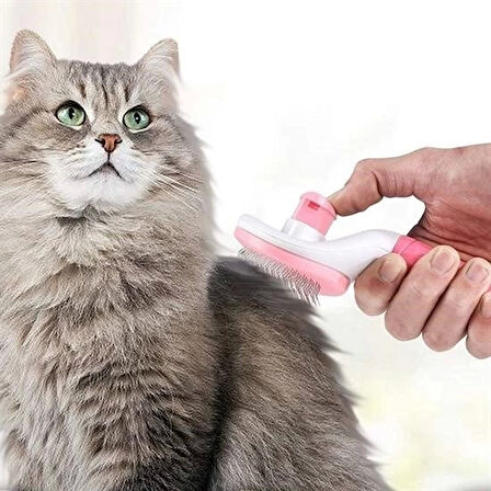 İpek Yıldızı® Kedi Köpek Tüy Toplayıcı Kendini Temizleyebilen Ergonomik Saplı Evcil Hayvan Tarağı Pembe