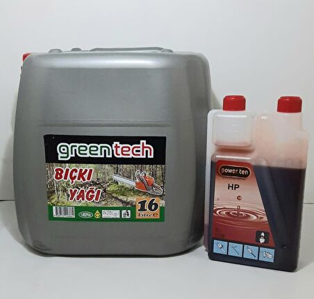 greentech BIÇKI YAĞI 16 LİTRE + ÖLÇEKLİ 2 ZAMANLI MOTOR YAĞI AGAÇ KESME BIÇKI 1 LİTRE