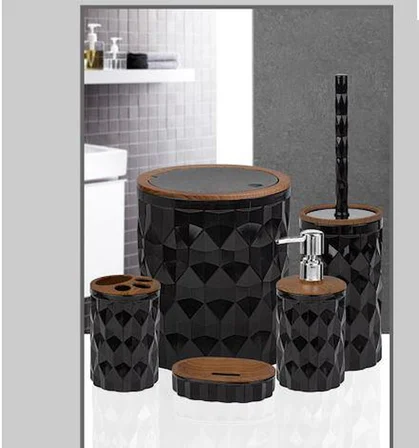 Kosova Banyo Seti 5'Li Kare Ahşap Desenli Siyah Plastik OKY-1308 DMD-11