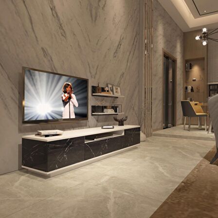 Decoraktiv Trendstyle 4S Slm Tv Ünitesi Tv Sehpası - Beyaz - Siyah Mermer