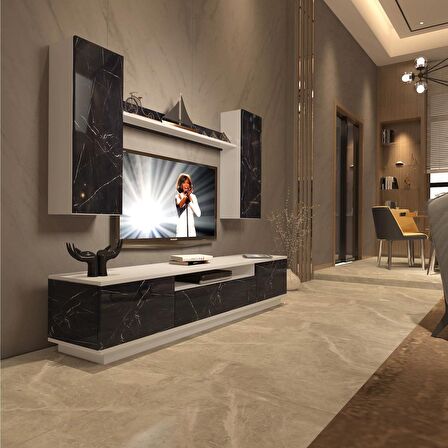 Decoraktiv Trendstyle 5DS Slm Tv Ünitesi Tv Sehpası - Beyaz - Siyah Mermer