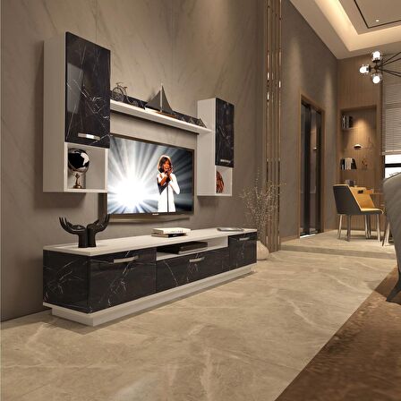 Decoraktiv Trendstyle 5DA Slm Tv Ünitesi Tv Sehpası - Beyaz - Siyah Mermer