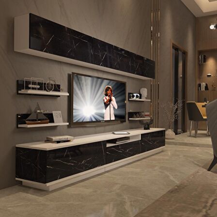 Decoraktiv Trendstyle 8YS Mdf Tv Ünitesi Tv Sehpası - Beyaz - Siyah Mermer