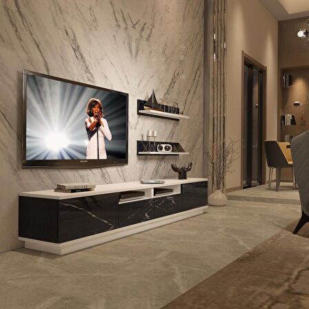 Decoraktiv Trendstyle 220RS Slm Tv Ünitesi Tv Sehpası - Beyaz - Siyah Mermer