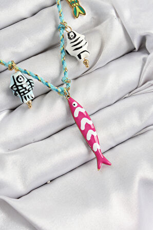 Seramik Motifli Pembe Balık Figürlü Model Mavi İp Kadın Kolye