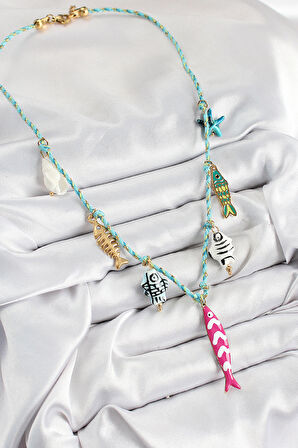 Seramik Motifli Pembe Balık Figürlü Model Mavi İp Kadın Kolye