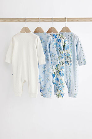 Next Baby % 100 Pamuklu Mavi Beyaz Çiçekli 4 ‘lü Tulum Set