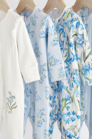 Next Baby % 100 Pamuklu Mavi Beyaz Çiçekli 4 ‘lü Tulum Set