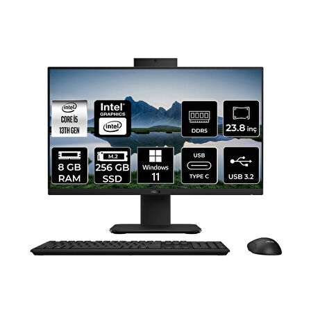 Asus V440 Intel Core i5 13420H 8GB 256GB SSD 23.8" FHD W11H All in One Bilgisayar Siyah & USB Bellek