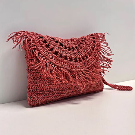 Uretti - Semiha 5931 El Yapımı Kağıt İpten Kadın Clutch Çanta / Mercan