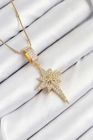 316L Çelik Zirkon Taşlı Kutup Yıldızı Model Gold Renk Kadın Kolye