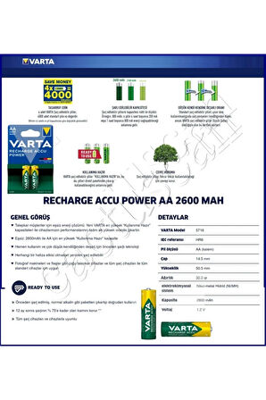 Ready To Use 2 Adet 2600mah Aa Şarjlı Kalem Pil Yüksek Verimlilik