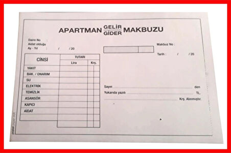 Apartman Makbuzu 14x20cm boyutunda 2/50 Otokopili 1 Asıl 1 Suret 2 Nüsha 72 Adet
