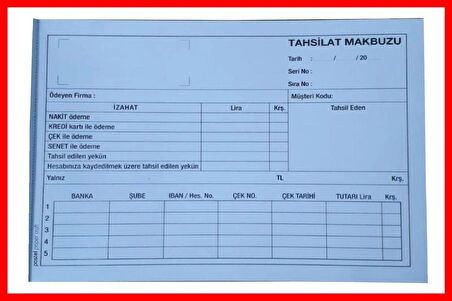 Tahsilat Makbuzu 14x20cm boyutunda 2/50 Otokopili 1 Asıl 1 Suret 2 Nüsha 96 Adet