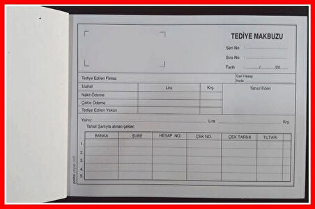 Tediye Makbuzu 14x20 cm boyutunda 2/50 Otokopili 1 Asıl 1 Suret 2 Nüsha 12 Adet