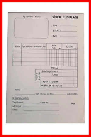 Gider Pusulası 14x20 cm boyutunda 2/50 Otokopili 1 Asıl 1 Suret 2 Nüsha 1 Adet
