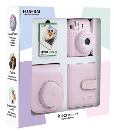 Fujifilm Instax Mini 12 10 Filmli Kare Albüm ve Deri Kılıflı Pembe Fotoğraf Makinesi Bundle Box