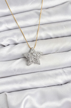 316L Çelik Zincir Gold Renk Zincirli Gümüş Yıldız Model Kadın Kolye