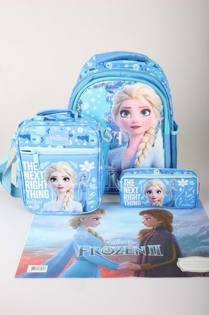 Dekomus Lisanslı Elsa Frozen Ice Glow Colleciton Büyük Boy Okul Çantası,Beslenme Çantası,Kalem Çantası ve Beslenme Örtüsü Seti