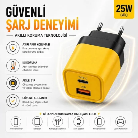 25W Hızlı Şarj Adaptörü Type-C + USB Çift Girişli Akıllı Şarj Başlığı Kompakt Tasarım