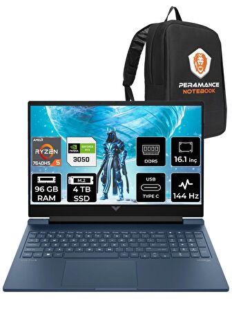 HP VİCTUS 16 R5 7640HS 96GB 4TB SSD RTX3050/6GB 144HZ 16.1'' FHD FDOS 7Z4N2EA & PER4 ÇANTA