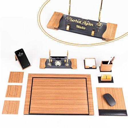 Fantom 10 Parça Ahşap Desenli Ofis Deri Sümen Takımı ve Kristal Masa İsimliği Sümen Seti ve İsimlik