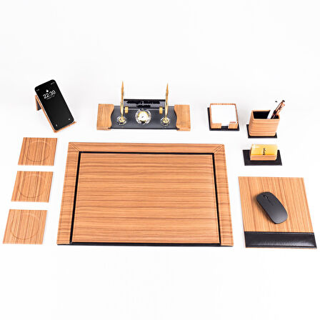 Fantom 10 Parça Ahşap Desenli Ofis Deri Sümen Takımı ve Kristal Masa İsimliği Sümen Seti ve İsimlik