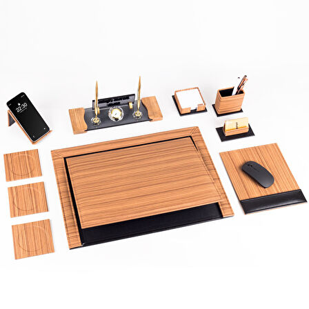 Fantom 10 Parça Ahşap Desenli Ofis Deri Sümen Takımı ve Kristal Masa İsimliği Sümen Seti ve İsimlik