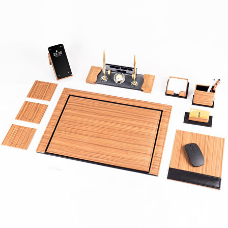 Fantom 10 Parça Ahşap Desenli Ofis Deri Sümen Takımı ve Kristal Masa İsimliği Sümen Seti ve İsimlik