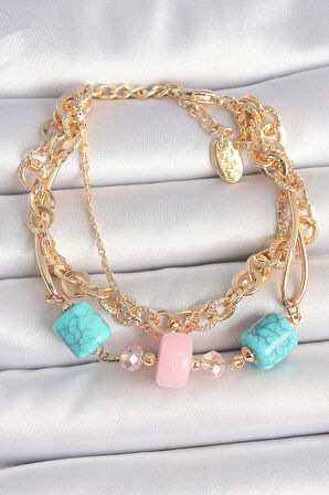 Pirinç Gold Renk Çoklu Zincir Model Mavi Taş Figürlü Kadın Bileklik