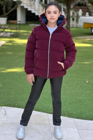 Kız Çocuk Kapüşonlu Cepli Su Geçirmez Nova Kumaş Kışlık Mont KM4011