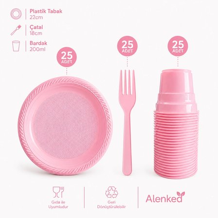 Pembe 3’lü Plastik Tabak Bardak Çatal Seti 25 Kişilik