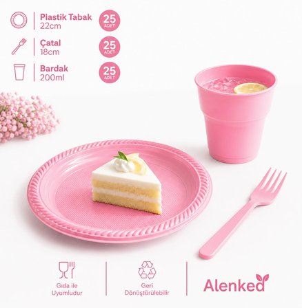 Pembe 3’lü Plastik Tabak Bardak Çatal Seti 25 Kişilik
