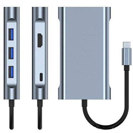 Coofbe 87W 7in1 PD Type C Çevirici Adaptör, 1x 4K HDMİ, 1x VGA, 1x RJ45, 1x PD Type C, 3x USB HUB