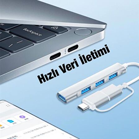 Coofbe Type-C + USB Girişli 4in1 Çevirici Adaptör, 3x USB 3.0 Çevirici HUB Tak Çalıştır Adaptör