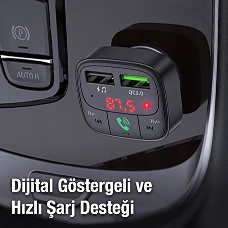 Coofbe Bluetooth V5.0 LED Ekranlı FM Transmitter Araç Kiti, 2x USB 1x Micro SD Girişli FM Transmitter