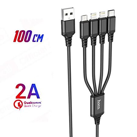 Coofbe 4in1 1 Metre Type-C, 2x iPhone Lightning, Micro USB Şarj ve Data Kablosu, 2A Halat Kablo