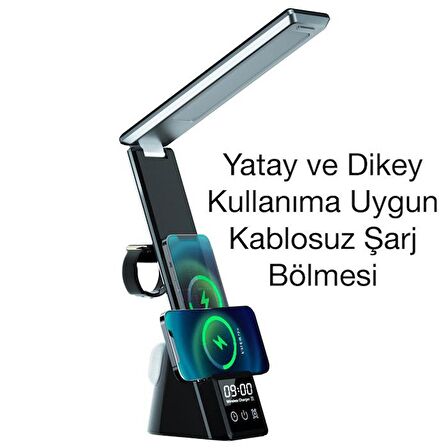 Coofbe 7in1 15W Kablosuz Şarjlı Katlanabilir Masa Lambası, 3 Modlu Işık, Saatli,Alarmlı Masa Lambası