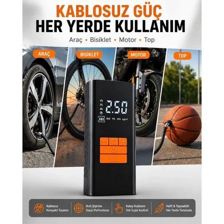 Kablosuz Hava Pompası 6000 mAh Şarjlı Dijital Ekranlı Lastik Şişirme Kompresörü Araç Bisiklet Motor Top