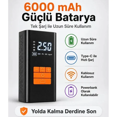 Kablosuz Hava Pompası 6000 mAh Şarjlı Dijital Ekranlı Lastik Şişirme Kompresörü Araç Bisiklet Motor Top