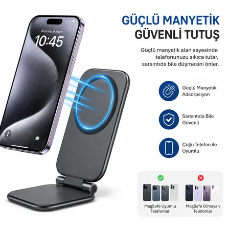 Katlanabilir Manyetik Telefon Tutucu Stand Araç İçi ve Masaüstü Kullanım Ayarlanabilir Portatif
