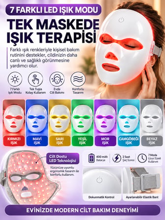 7 Renk LED Işıklı Yüz Bakım Maskesi Şarjlı Dokunmatik Kontrollü Ayarlanabilir Bantlı Cilt Bakım Cihazı