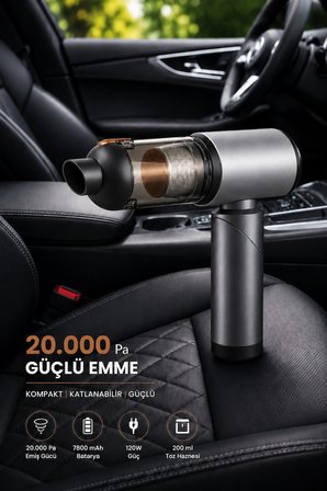 20.000 Pa Kablosuz Araç Süpürgesi 120W Güçlü Emiş 7800 mAh Şarjlı El Süpürgesi 8 Başlıklı HEPA Filtreli Mini Vakum