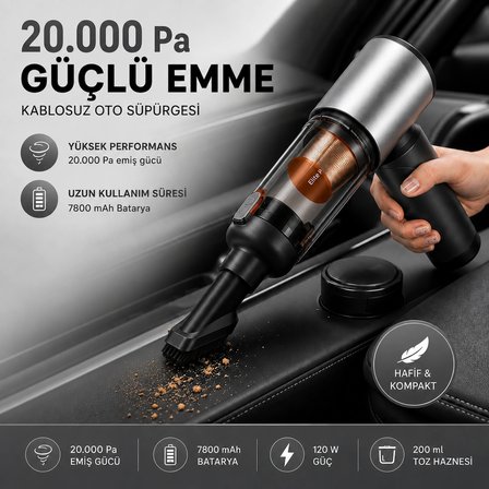 20.000 Pa Kablosuz Araç Süpürgesi 120W Güçlü Emiş 7800 mAh Şarjlı El Süpürgesi 8 Başlıklı HEPA Filtreli Mini Vakum