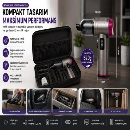20.000Pa Kablosuz Araç Süpürgesi Şarjlı Mini El Süpürgesi Üflemeli Brushless Motorlu LCD Ekranlı 6000mAh Type-C Hızlı Şarjlı