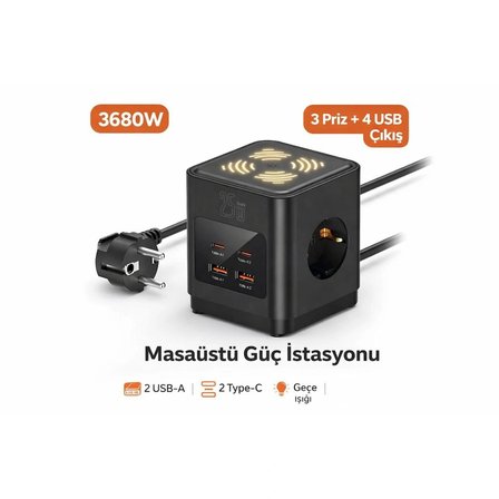 3680W 3’lü Çoklu Priz 2 USB 2 Type-C Gece Işıklı Masaüstü Küp Priz Şarj İstasyonu